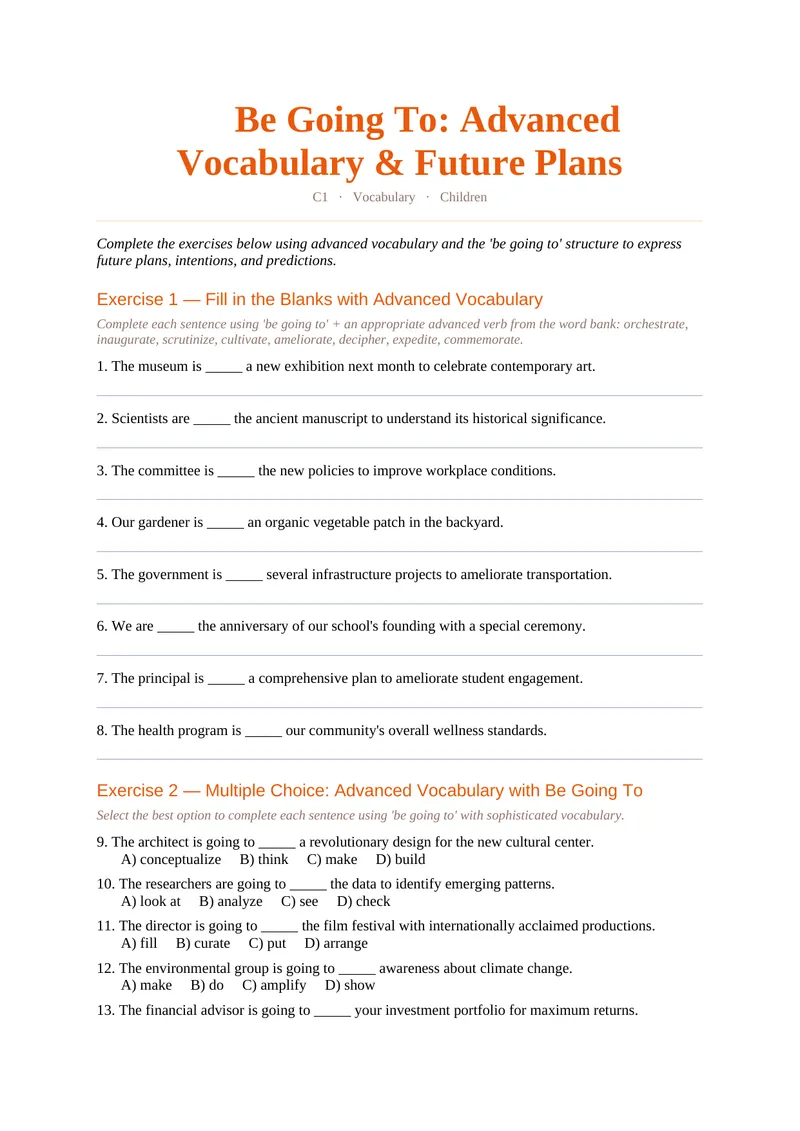 Be Going To: Advanced Vocabulary & Future Plans